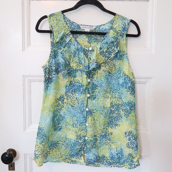 Pendleton Blue Green Abstract Print Silk Cotton Sleeveless Blouse - Picture 1 of 4